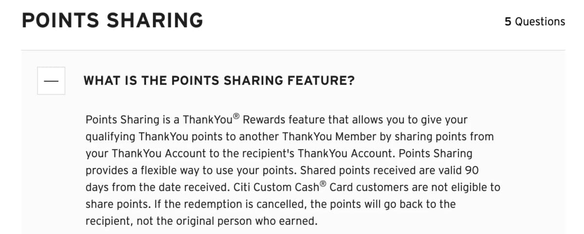 Citi ThankYou Points sharing feature – Transfer up to 100,000 points per year to friends or family at no additional cost.
