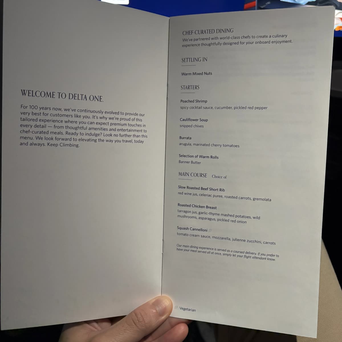 Delta One business class dinner menu options for Seattle to London flight