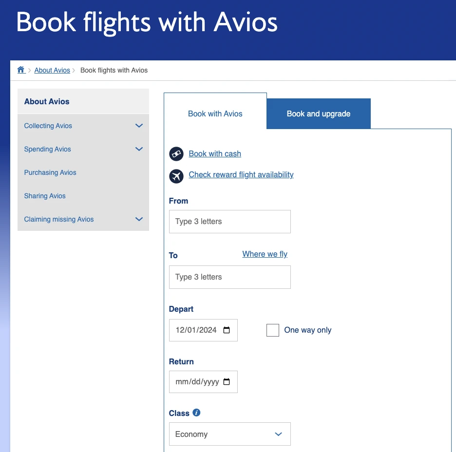 Log into your British Airways account and use the Book With Avios option to find British Airways award availability