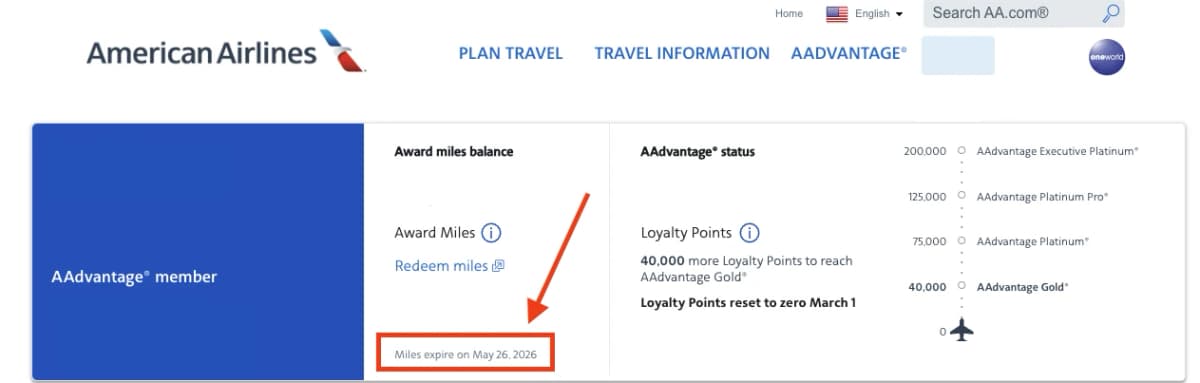 View your American Airlines miles expiration date online in your account summary page.