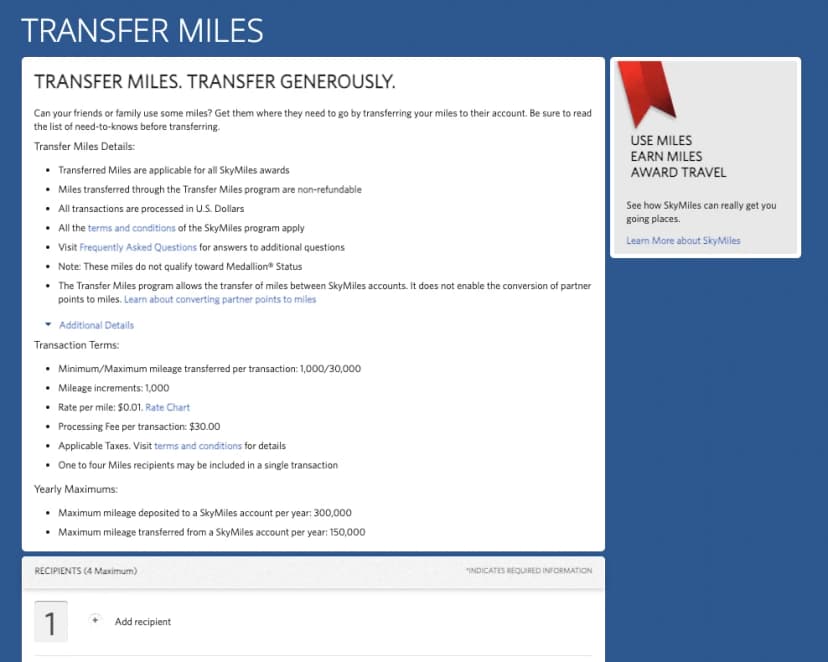Transferring airline miles can be done online directly with the airline.