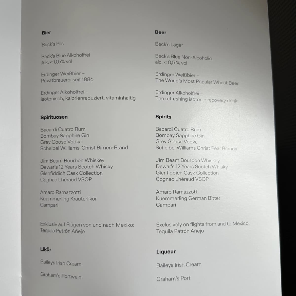 Lufthansa Airlines business class alcohol menu