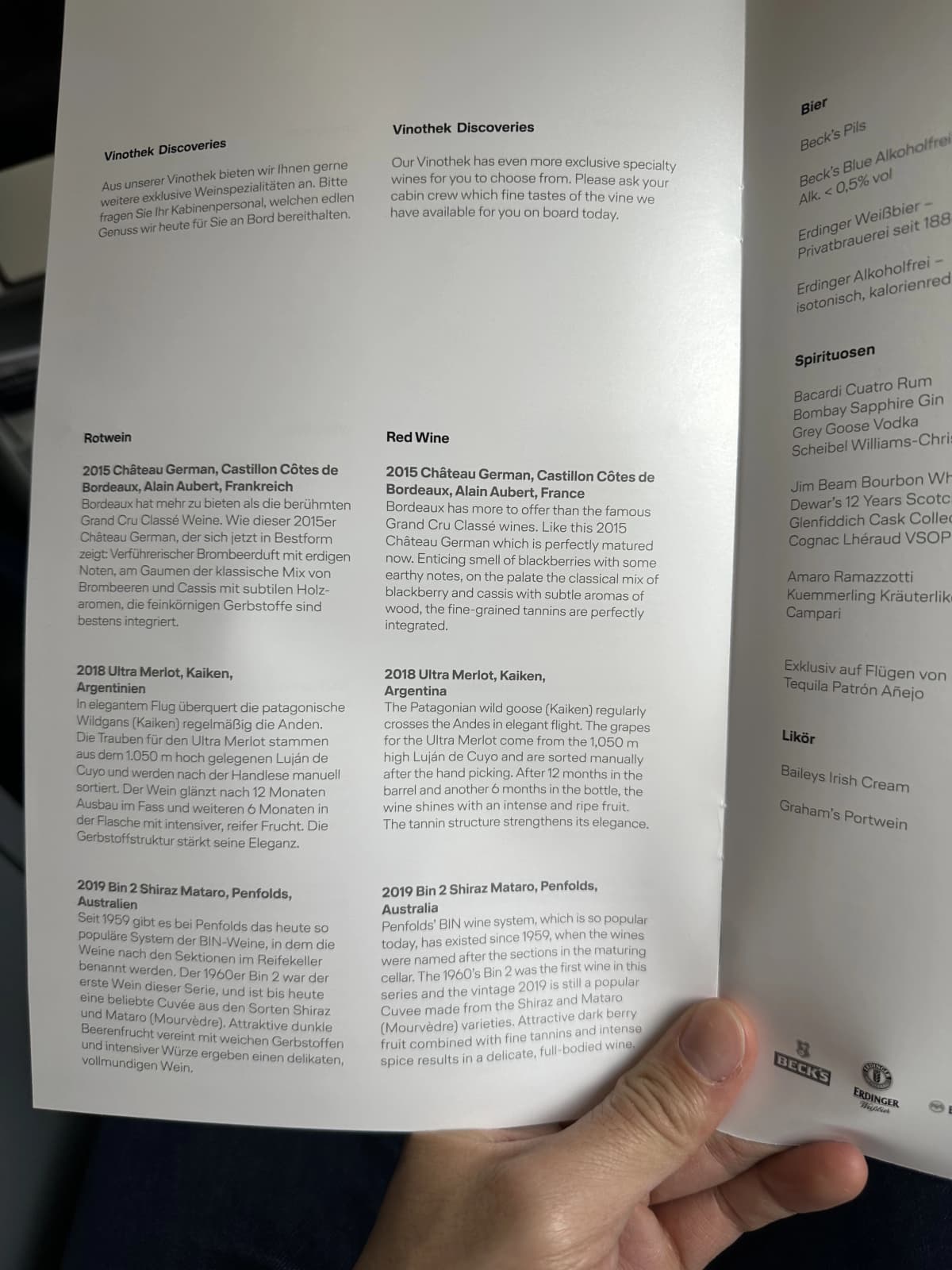 Lufthansa Airlines business class wine menu