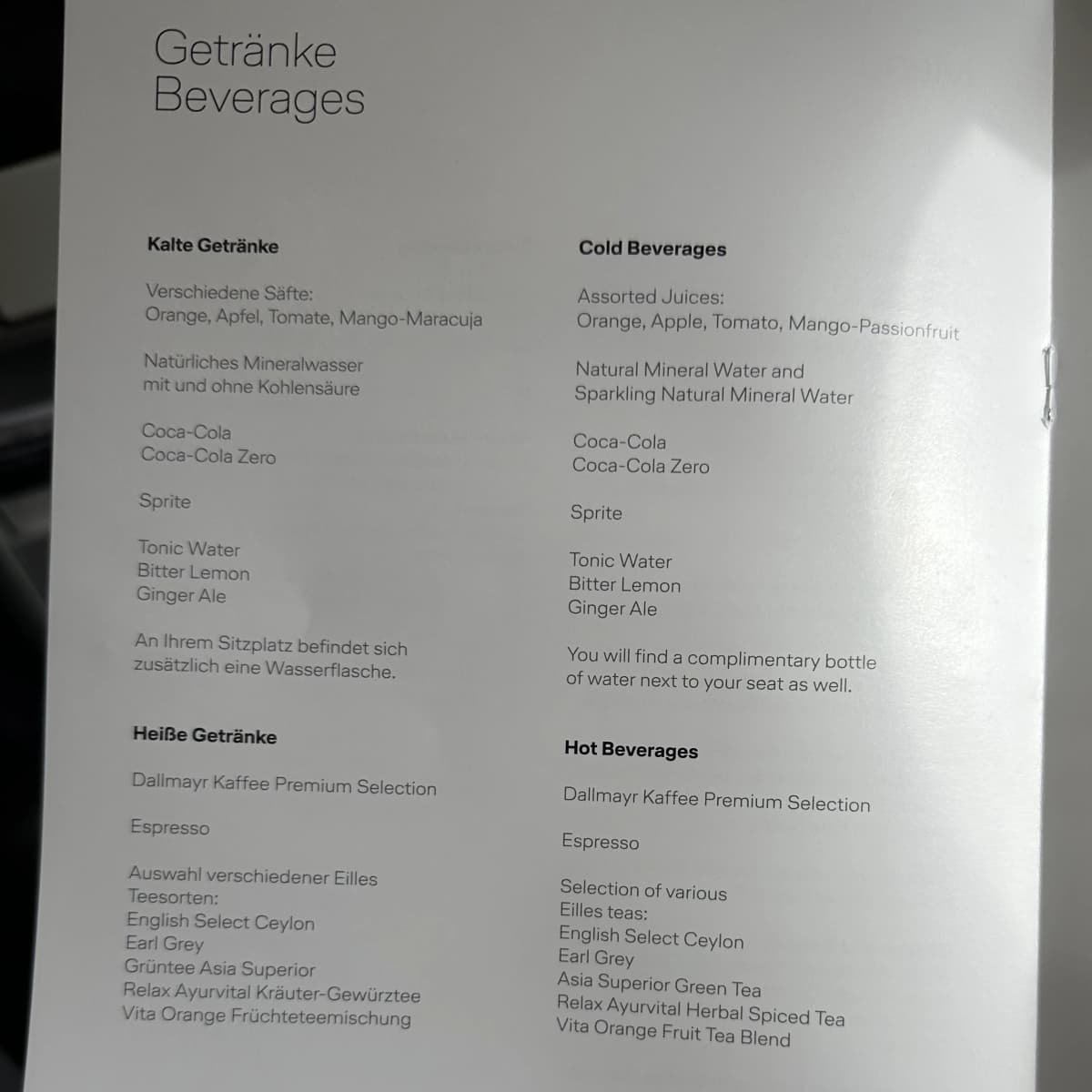Lufthansa Airlines business class drink menu