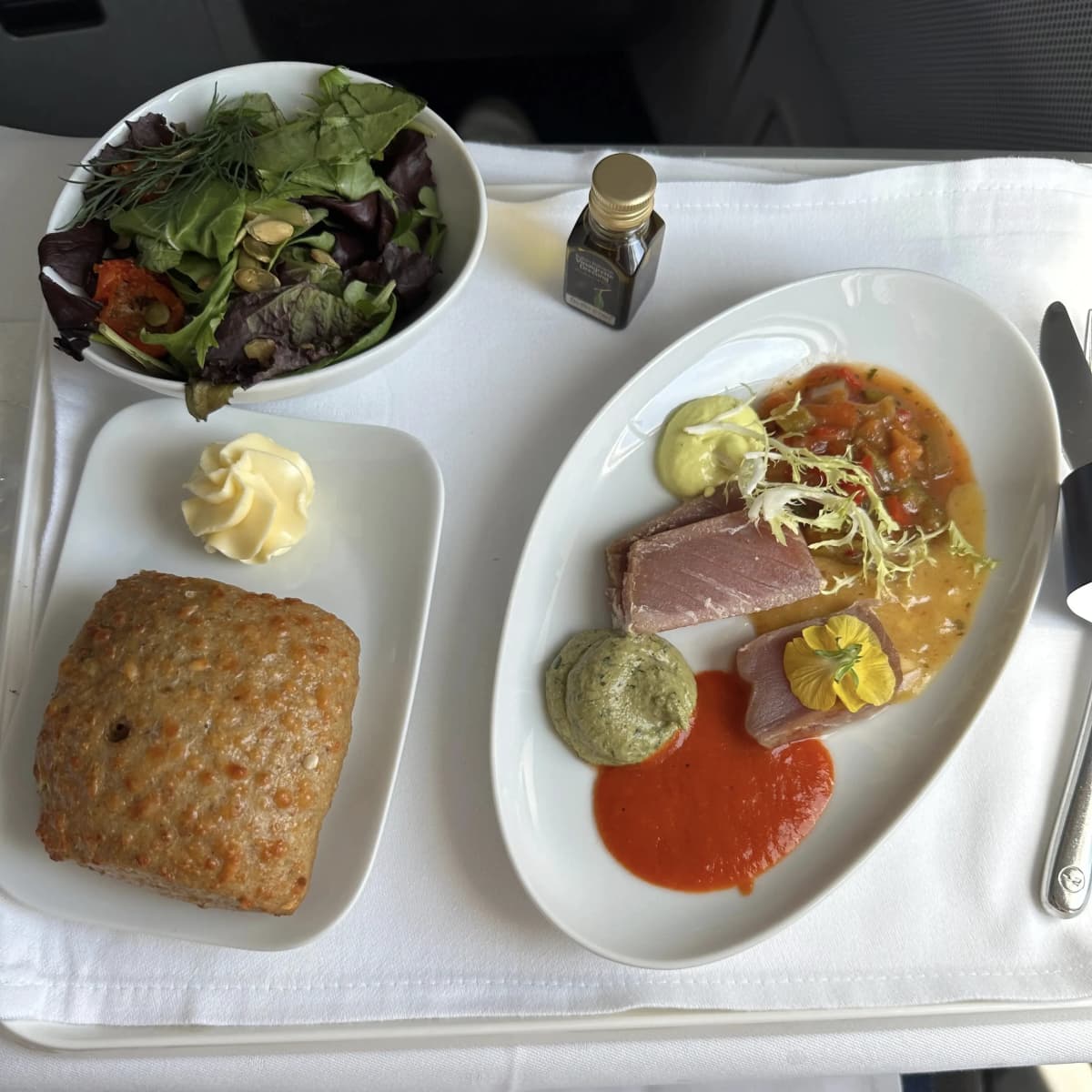 Lufthansa Airlines business class tuna tataki appetizer