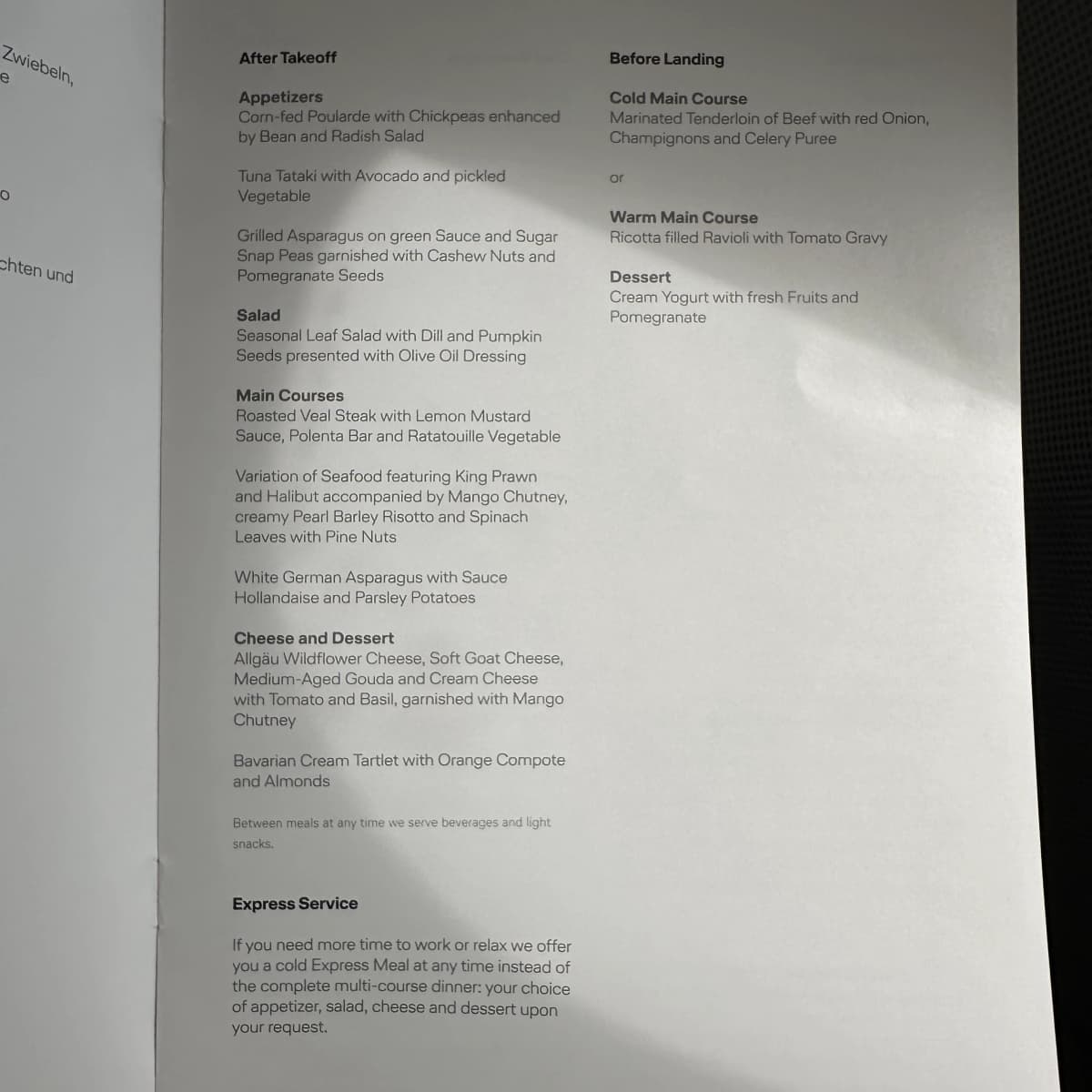 Lufthansa Airlines business class menu