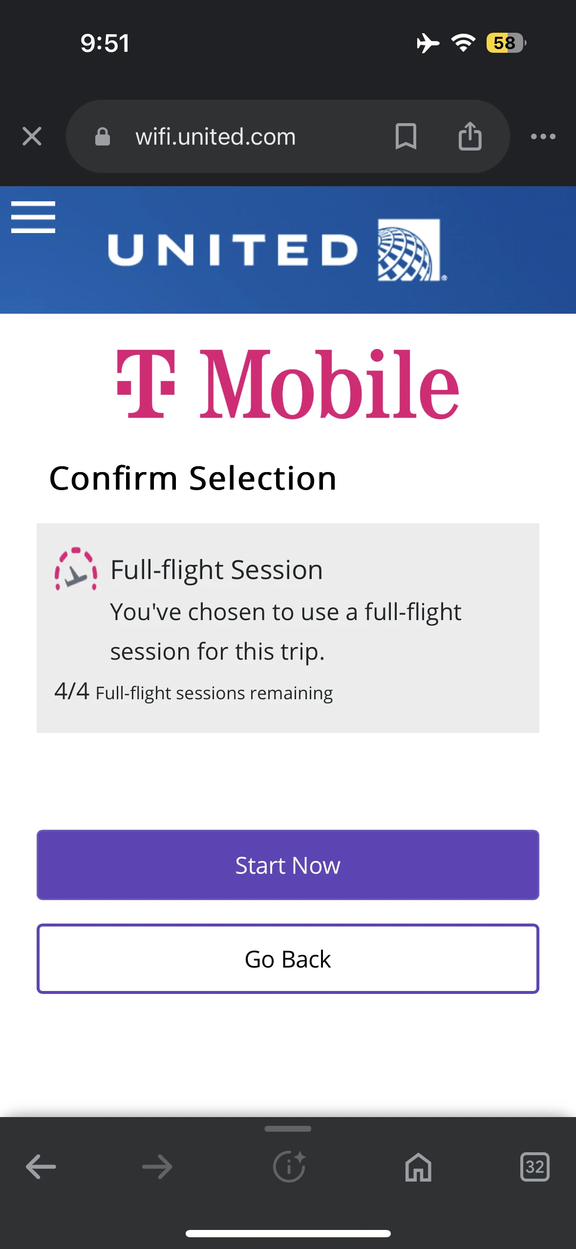 Screenshot of the former T-Mobile free in-flight Wi-Fi offer for United Airlines flights.