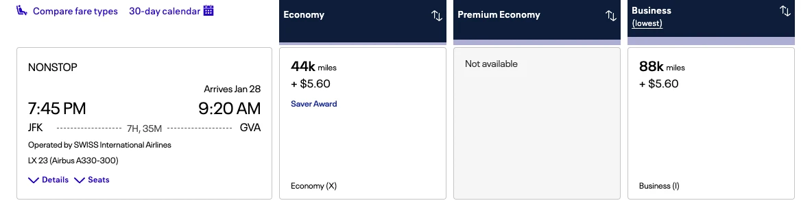 Use United miles to book great deals like Swiss Air business class for 88,000 United miles one-way.