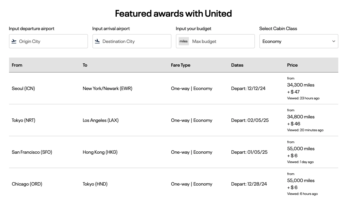 Use United's featured awards page to quickly and easily spot good flight deals to use your United miles on.