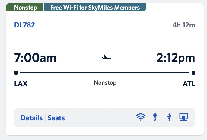 Delta flight search example showing Free Wi-Fi for SkyMiles Members badge on eligible routes