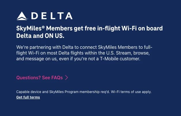 T-Mobile and Delta Airlines partnership offering free Wi-Fi to eligible Magenta plan customers
