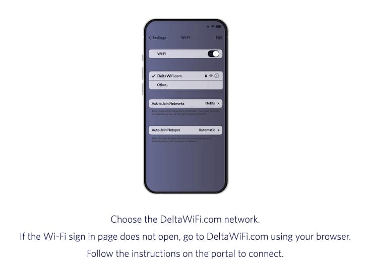 Delta passenger connecting to Delta Sync Wi-Fi on a mobile phone using SkyMiles login