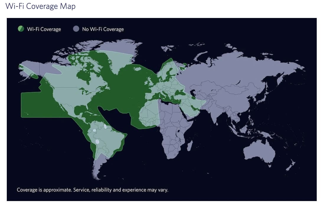 Delta Wi-Fi global coverage map showing regions with free and paid connectivity options