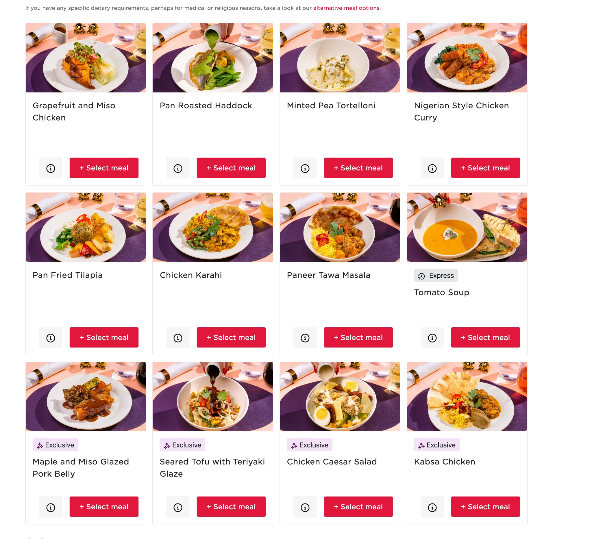 Virgin Atlantic Upper Class pre-order meal menu featuring international cuisine options.