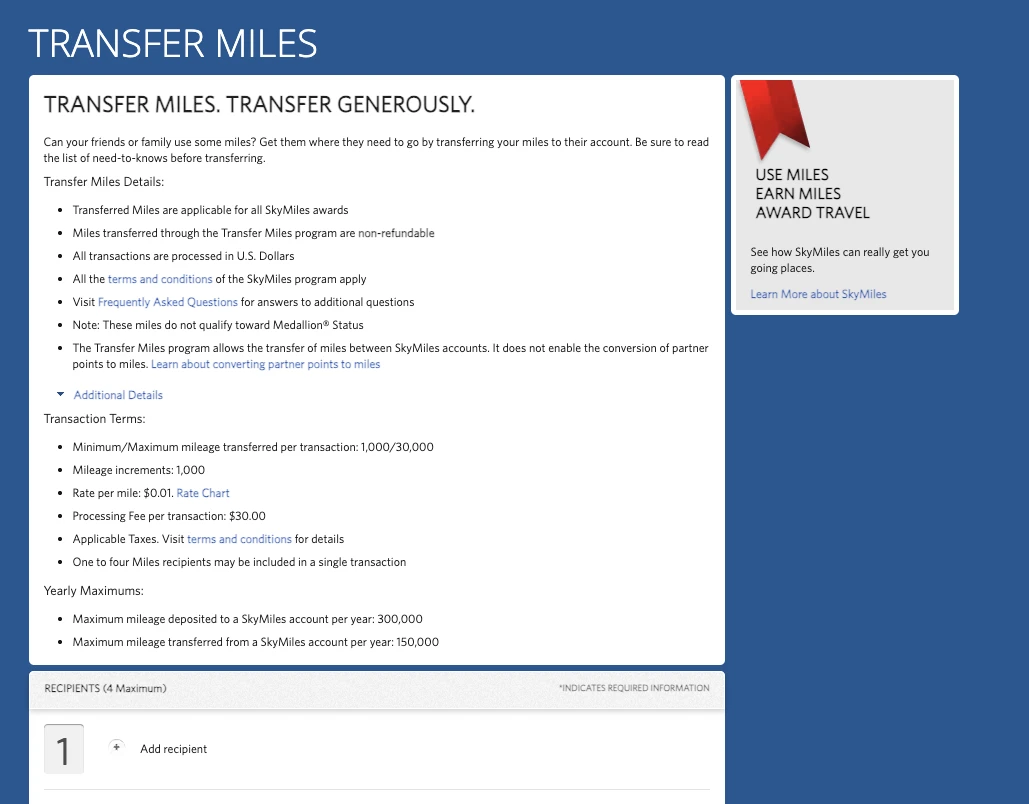 Breakdown of Delta SkyMiles transfer fees and value comparison
