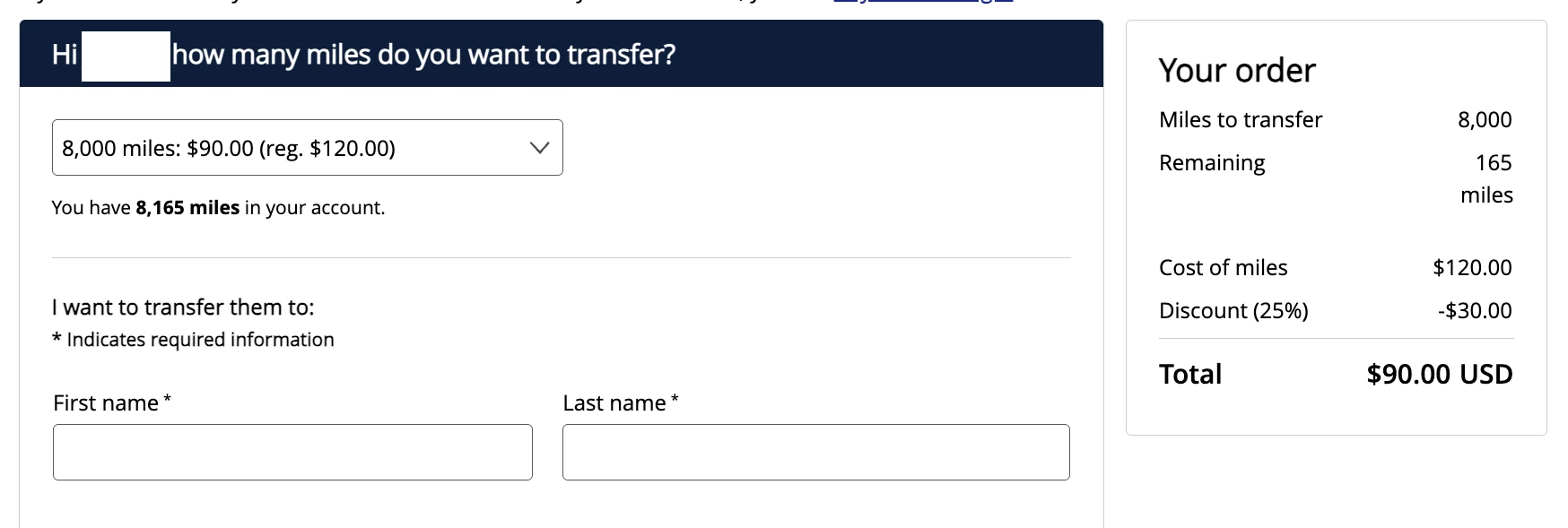 Chart showing transfer fees and costs to move United MileagePlus miles to another account