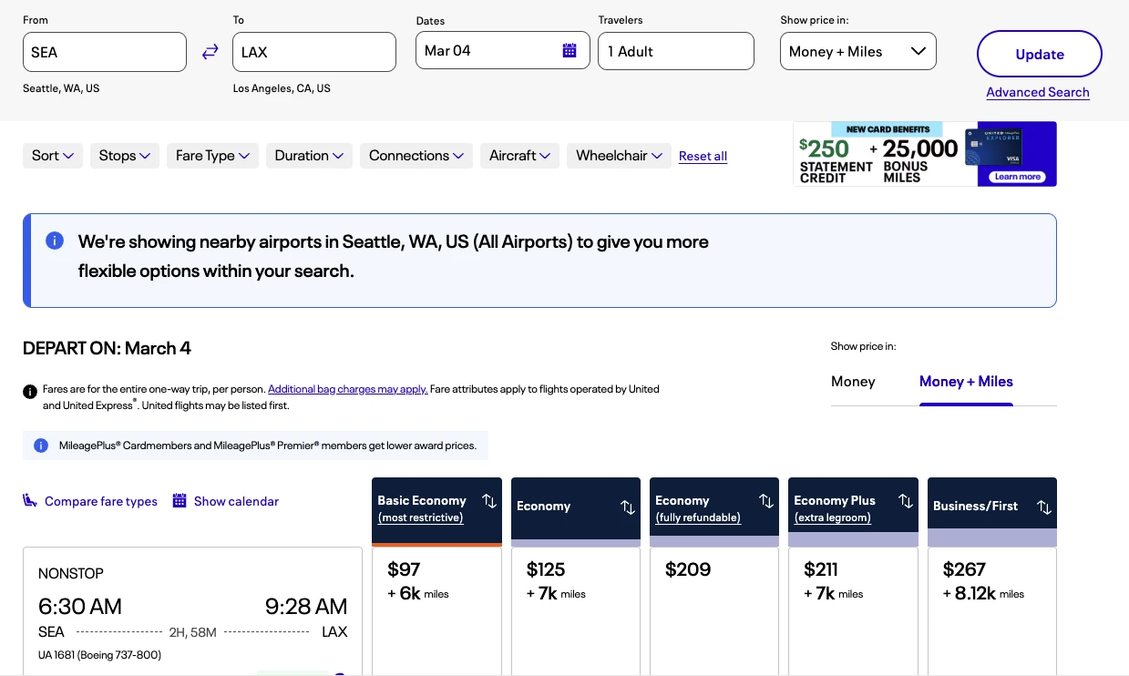 United Money + Miles payment screen showing award booking using both cash and MileagePlus miles