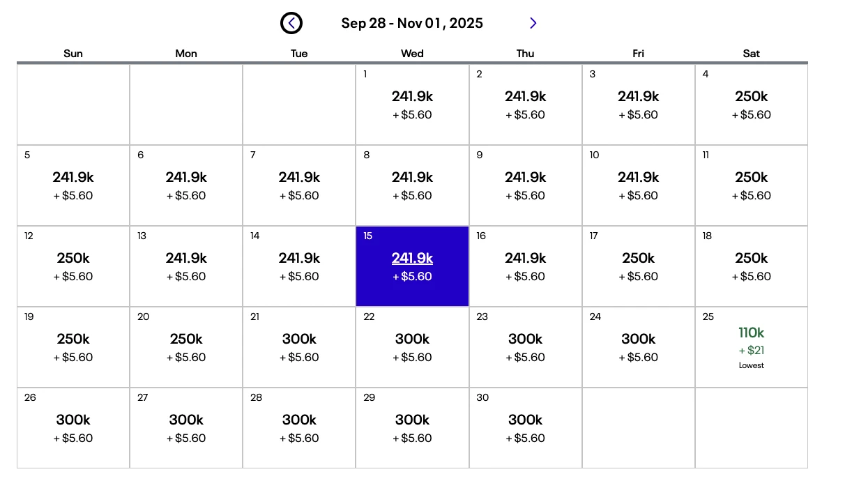 Use calendar view to help you find award flights quickly