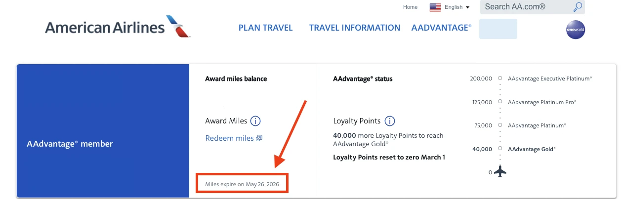 View your American Airlines miles expiration date online in your account summary page.