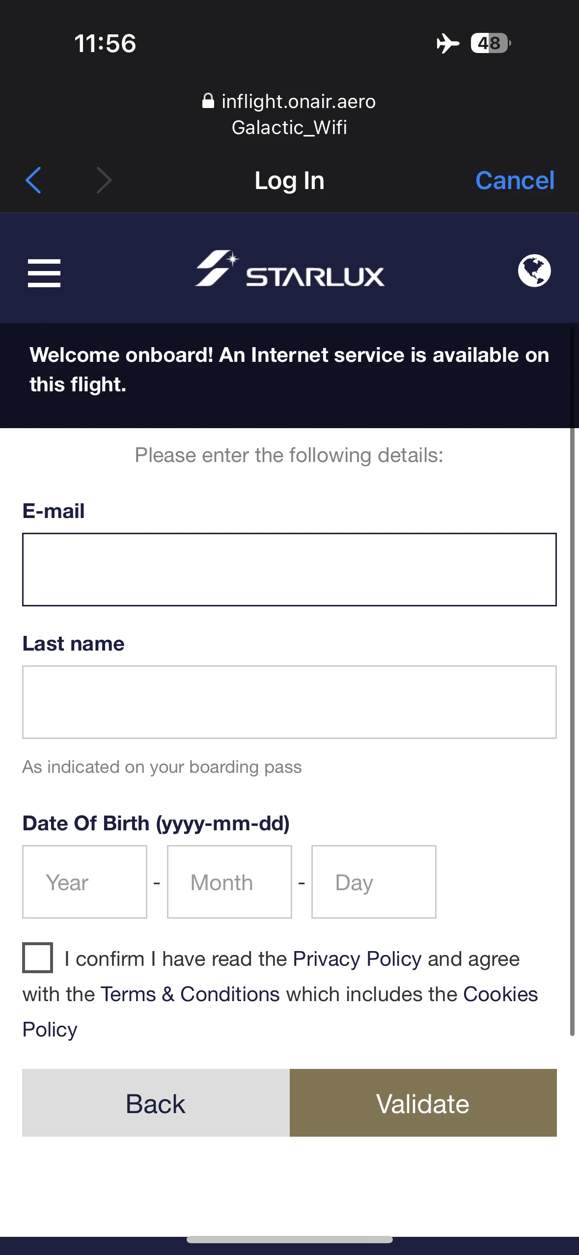 Starlux Airlines A350 business class Wi-Fi is easy to connect to.