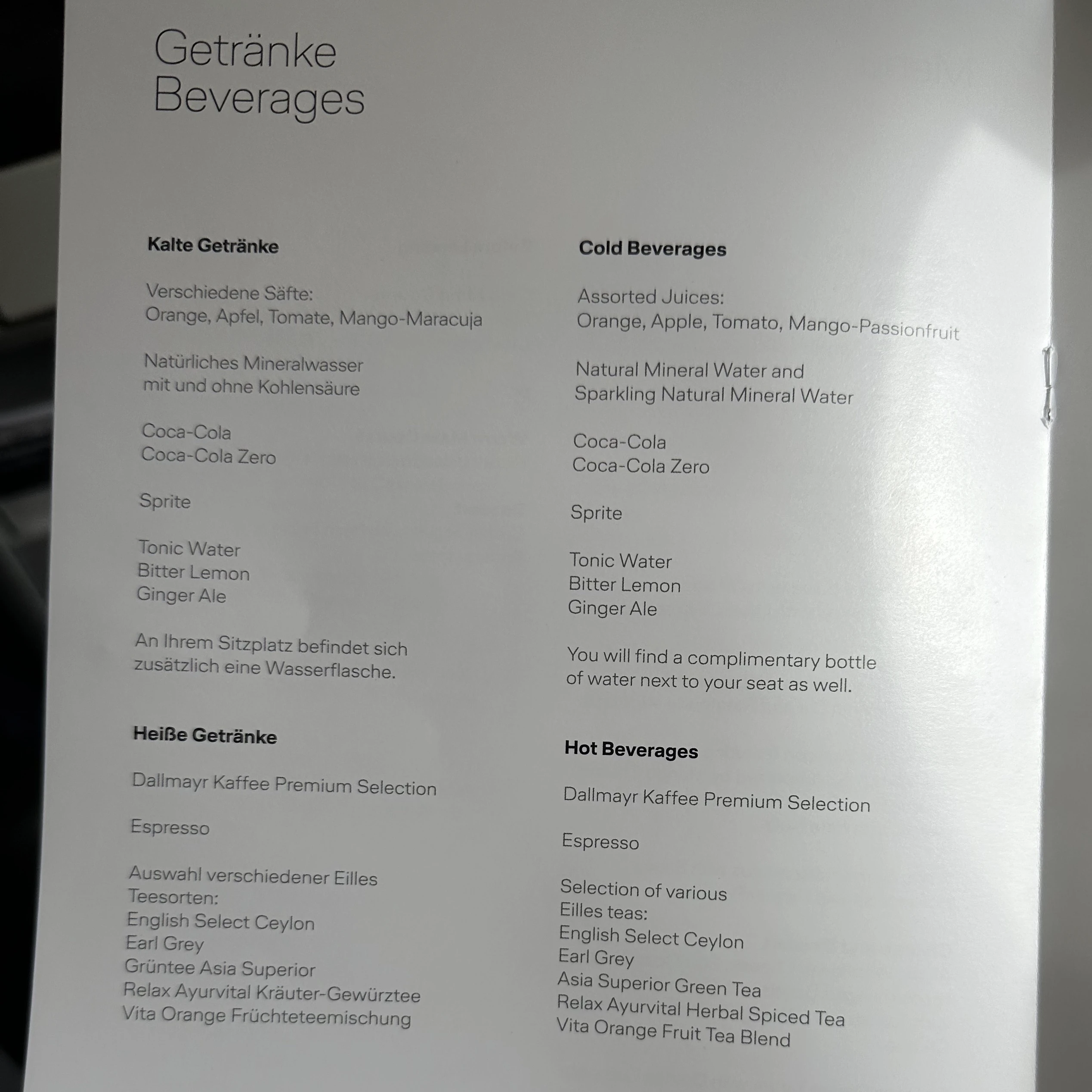 Lufthansa Airlines business class drink menu